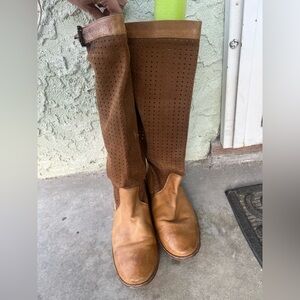 FRYE Camel Brown Leather and Suede Knee-High Boots, Size 11B